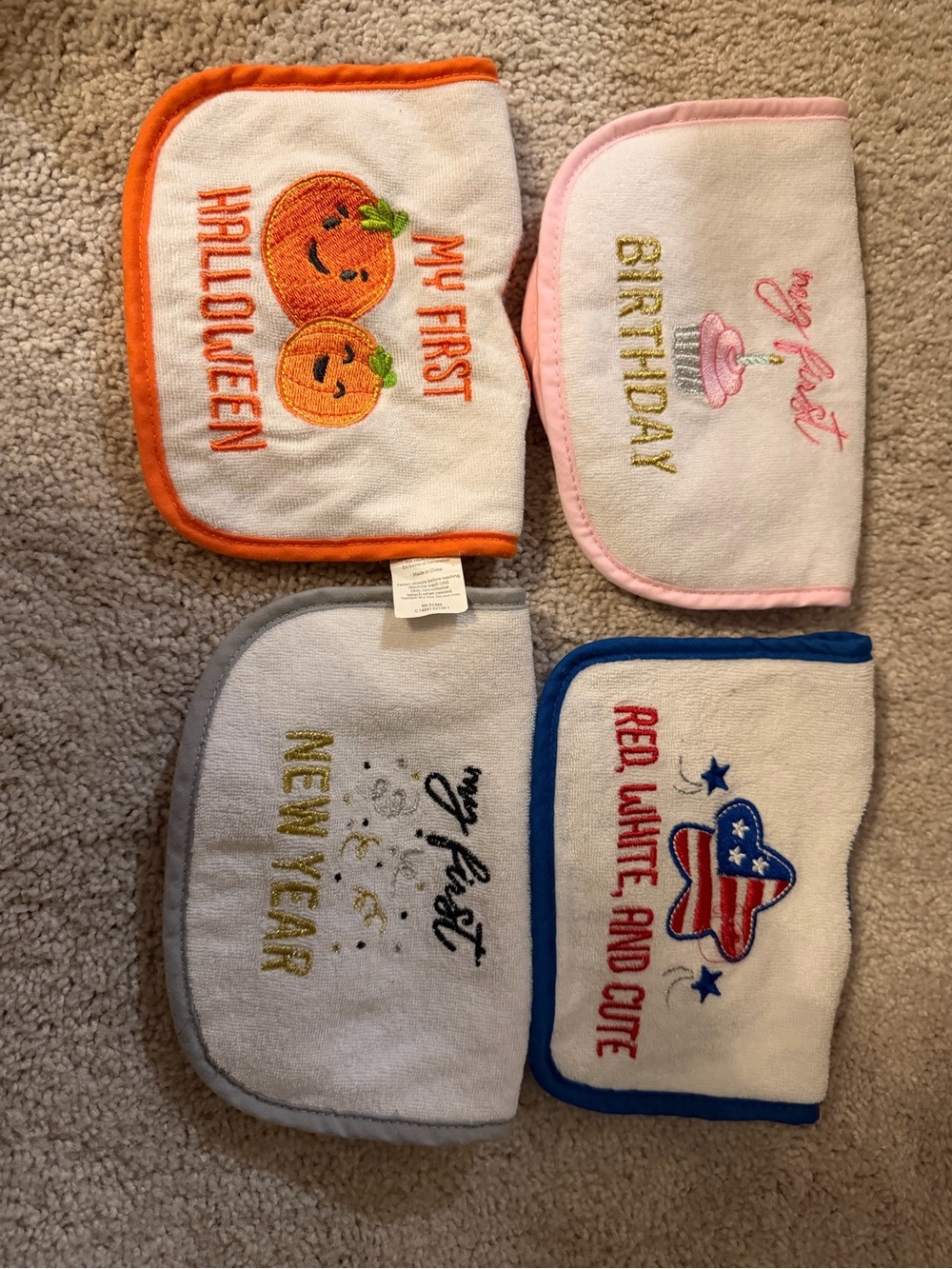 Set of 4 Holiday Baby Bibs - Halloween, Birthday, New Year, Patriotic